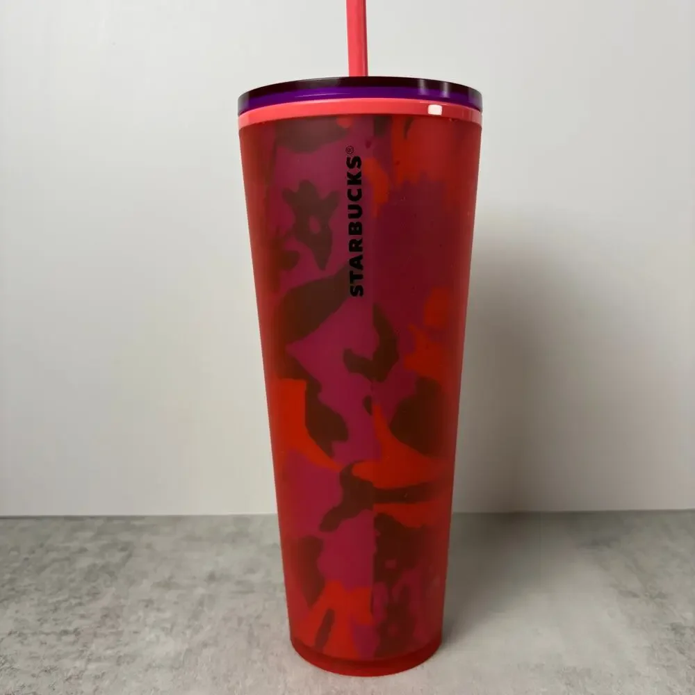 Starbucks 2022 Spring Red Floral Soft Touch Venti Cold Cup Tumbler 24 oz Matte